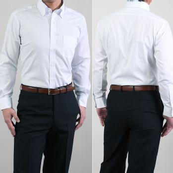 ワイシャツ 長袖／CYGNUS 形態安定・長袖ドレスシャツ・ボタンダウン・メンズ（ホワイト・ストライプ）（まとめ割／1枚3600円・2枚6500円）
