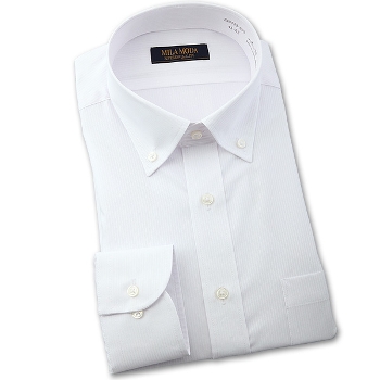 ワイシャツ 長袖／MILA MODA 形態安定・長袖ドレスシャツ・ボタンダウン・メンズ（ホワイト・織り柄ストライプ）GAD433-200